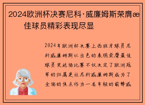 2024欧洲杯决赛尼科·威廉姆斯荣膺最佳球员精彩表现尽显