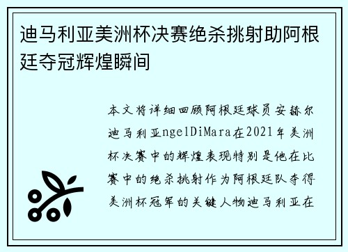 迪马利亚美洲杯决赛绝杀挑射助阿根廷夺冠辉煌瞬间