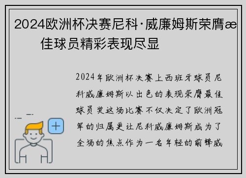 2024欧洲杯决赛尼科·威廉姆斯荣膺最佳球员精彩表现尽显